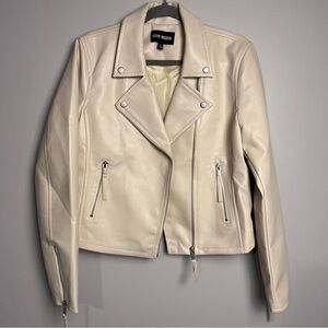 Steve Madden Women’s Cream Faux Leather Biker Jacket Large Cropped Button Zipper